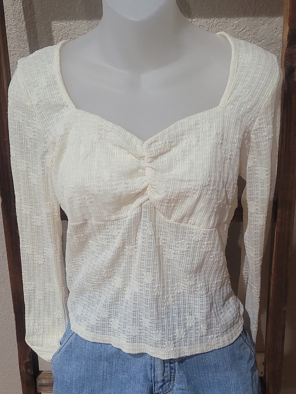 Heart Hips Cream Long Sleeve Sweetheart Textured Lace Top.